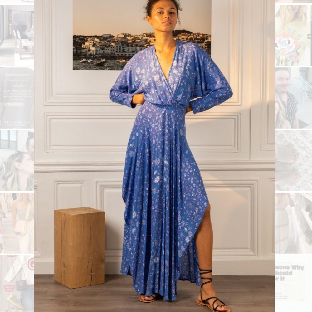 Brand New Poupette St Barth Ilona Long Blue Foulard print dress